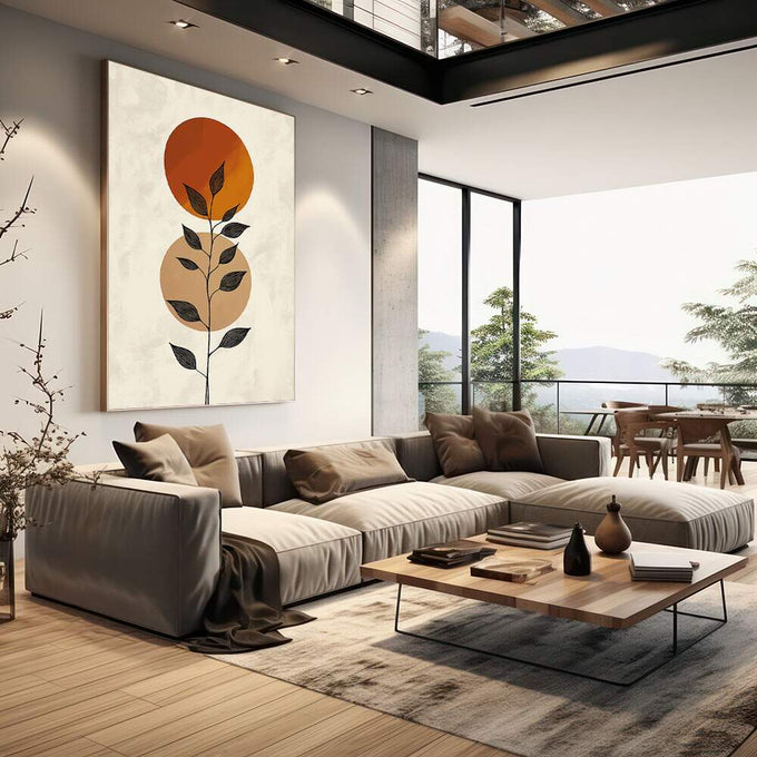 Quadro Decorativo Serenidade Botânica Minimalista | quadros decorativos | Flor abstrata em tons de laranja e bege com folhas escuras em caule minimalista | em Quadros para Escritorio | Porao dos Quadros