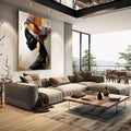 Quadro Decorativo Força e Cultura Feminina | quadros decorativos | Mulher africana em perfil preto com turbante dourado e padrões ornamentados detalhados. | em Quadros para Escritorio | Porao dos Quadros