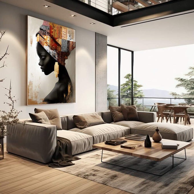 Quadro Decorativo Força e Cultura Feminina | quadros decorativos | Mulher africana em perfil preto com turbante dourado e padrões ornamentados detalhados. | em Quadros para Escritorio | Porao dos Quadros