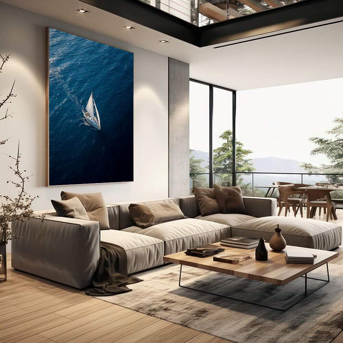 Quadro Decorativo Barco à Vela Serene | quadros decorativos | Veleiro branco em águas azuis profundas capturado de perspectiva aérea | em Quadros para Escritorio | Porao dos Quadros