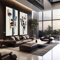 Quadro Decorativo Mulher Abstrata e Enigmática | quadros decorativos | Rosto feminino fragmentado com borboletas azuis e linhas geométricas coloridas em painel de duas telas | em Quadros para Escritorio | Porao dos Quadros