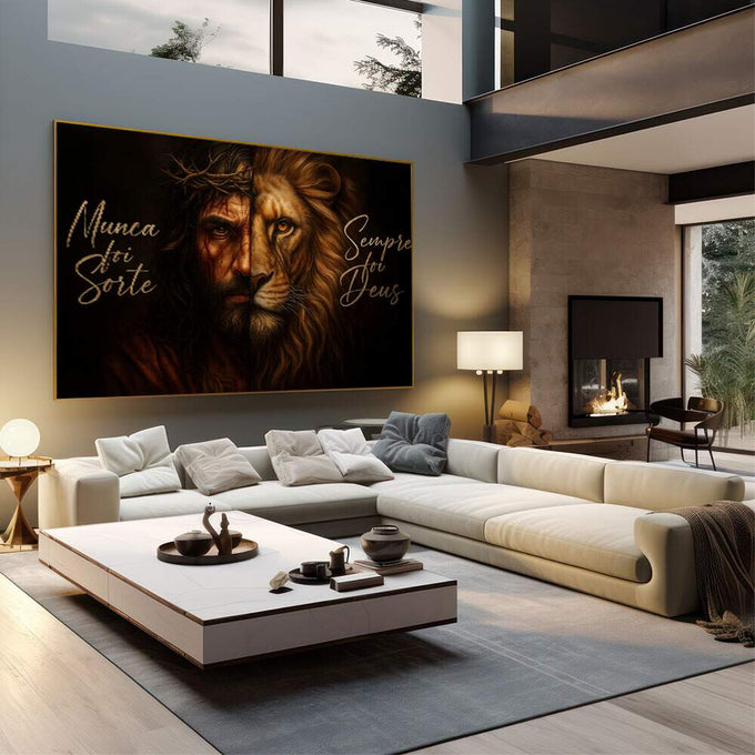 Quadro Decorativo: Força e Sabedoria | quadros decorativos | Jesus e leão em composição dourada com textos religiosos em latim sobre fundo preto. | em Quadros para Escritorio | Porao dos Quadros