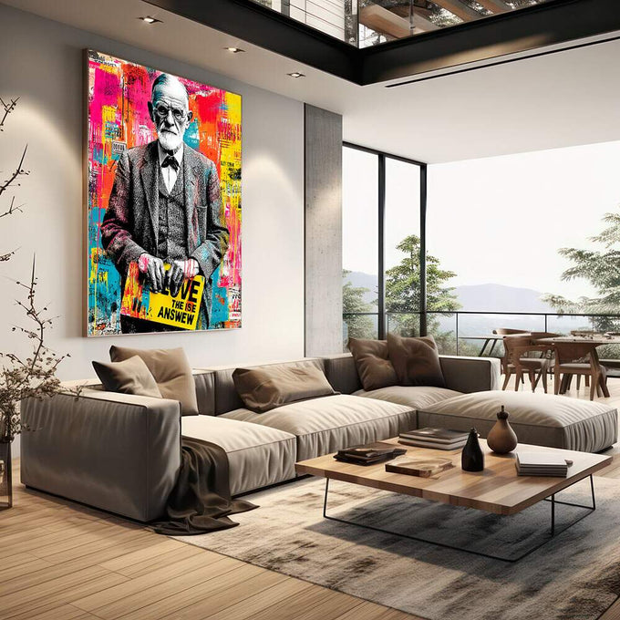 Quadro Decorativo Amor e Sabedoria | quadros decorativos | Retrato em cinza e preto com fundo explosivo em magenta, amarelo, azul e laranja em estilo pop art. | em Quadros para Escritorio | Porao dos Quadros