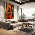 Quadro Decorativo - Frida Kahlo A Essência da Emoção | quadros decorativos | Mulher elegante com flores vermelhas nos cabelos cercada por pássaros e rosas em tons dourados | em Quadros para Escritorio | Porao dos Quadros