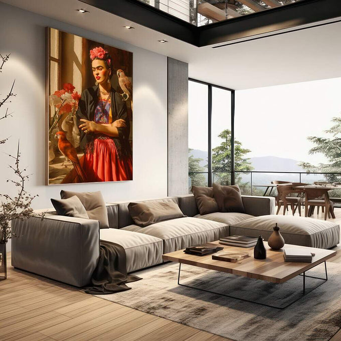 Quadro Decorativo - Frida Kahlo A Essência da Emoção | quadros decorativos | Mulher elegante com flores vermelhas nos cabelos cercada por pássaros e rosas em tons dourados | em Quadros para Escritorio | Porao dos Quadros