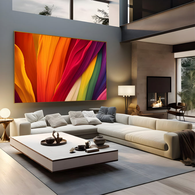 Faixas abstratas fluidas em laranja, vermelho, rosa, verde e roxo como tecido ondulado, quadro decorativo