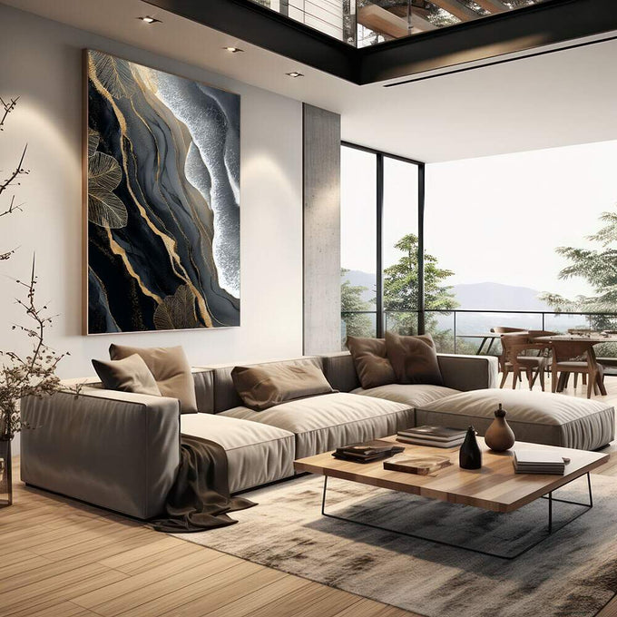 Quadro Decorativo Serenidade Dourada | quadros decorativos | Composição aérea de litoral em preto, cinza e ouro, com camadas geológicas e linhas douradas. | em Quadros para Escritorio | Porao dos Quadros