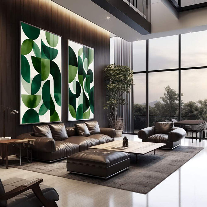 Quadro Decorativo Geometria Verde | quadros decorativos | Composição abstrata com formas geométricas em múltiplos tons de verde sobre fundo branco | em Quadros para Escritorio | Porao dos Quadros