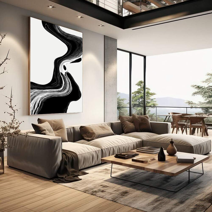 Quadro Decorativo Fluxo Preto e Branco | quadros decorativos | Traço abstrato em preto com formas fluidas ondulantes sobre fundo branco em composição vertical | em Quadros para Escritorio | Porao dos Quadros