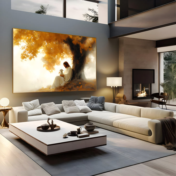 Jesus sentado sob árvore de folhas douradas segurando um cordeiro branco, quadro decorativo