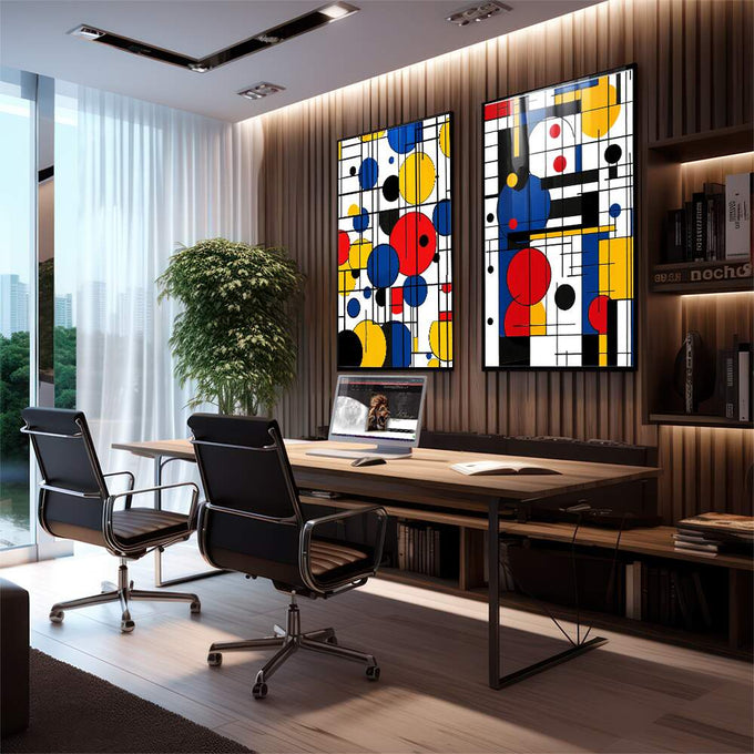 Quadro Decorativo Abstrato Geométrico - Energia e Harmonia para Seu Espaço | quadros decorativos | Dois painéis abstratos com círculos vibrantes em azul, vermelho e amarelo sobre grid geométrico preto e branco | em Quadros para Escritorio | Porao dos Quadros