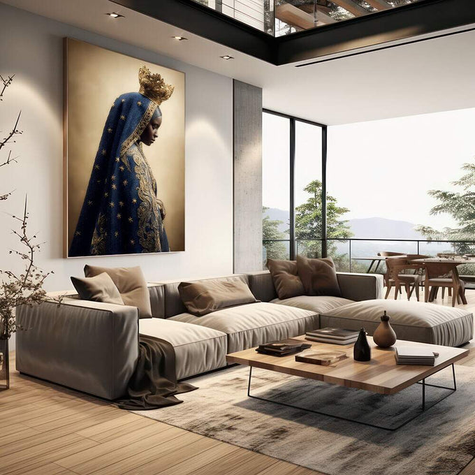 Quadro Decorativo Realeza Azul e Dourado | quadros decorativos | Figura feminina em perfil com coroa dourada e véu azul-marinho bordado em ouro | em Quadros para Escritorio | Porao dos Quadros
