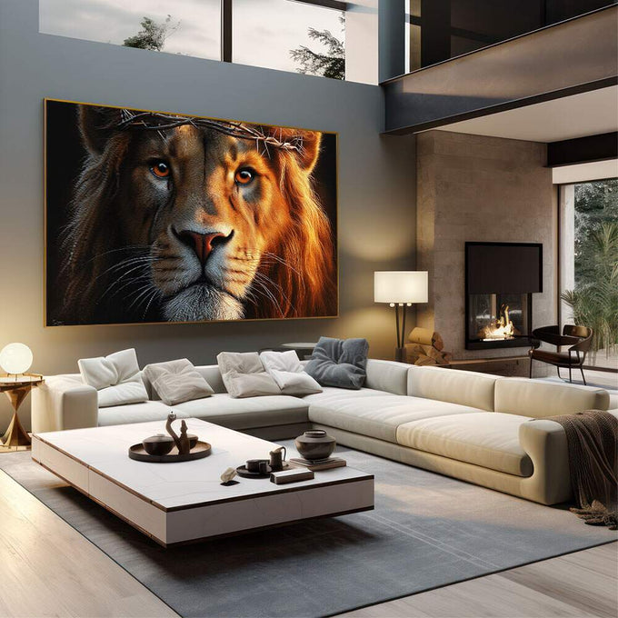 Quadro Decorativo Majestade do Rei da Selva | quadros decorativos | Leão majestoso em tons de ouro e preto com olhos intensos e luminosos | em Quadros para Escritorio | Porao dos Quadros