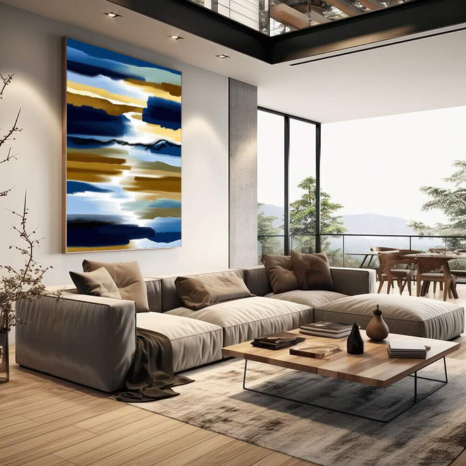Quadro Decorativo Abstrato Serenidade em Cores | quadros decorativos | Pinceladas abstratas em azul profundo, dourado e branco em composição dinâmica vertical | em Quadros para Escritorio | Porao dos Quadros