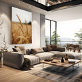 Espigas de trigo douradas em close com campo desfocado ao fundo em tons quentes, quadro decorativo