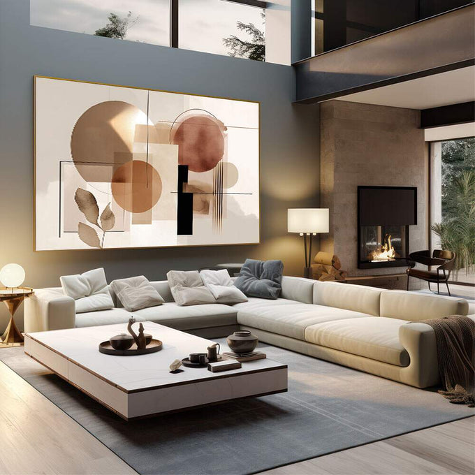 Quadro Decorativo Abstract Harmony Sophisticated | quadros decorativos | Composição abstrata com círculos e formas geométricas em tons bege, terracota e preto em harmonia visual. | em Quadros para Escritorio | Porao dos Quadros