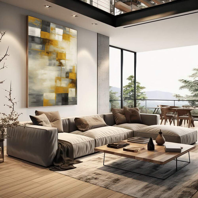 Quadro Decorativo Abstrato Moderno | quadros decorativos | Composição abstrata com blocos de amarelo, cinza e branco em movimento visual equilibrado | em Quadros para Escritorio | Porao dos Quadros