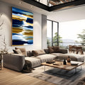 Pinceladas horizontais em azul marinho, azul claro, dourado e branco, estilo abstrato, quadro decorativo