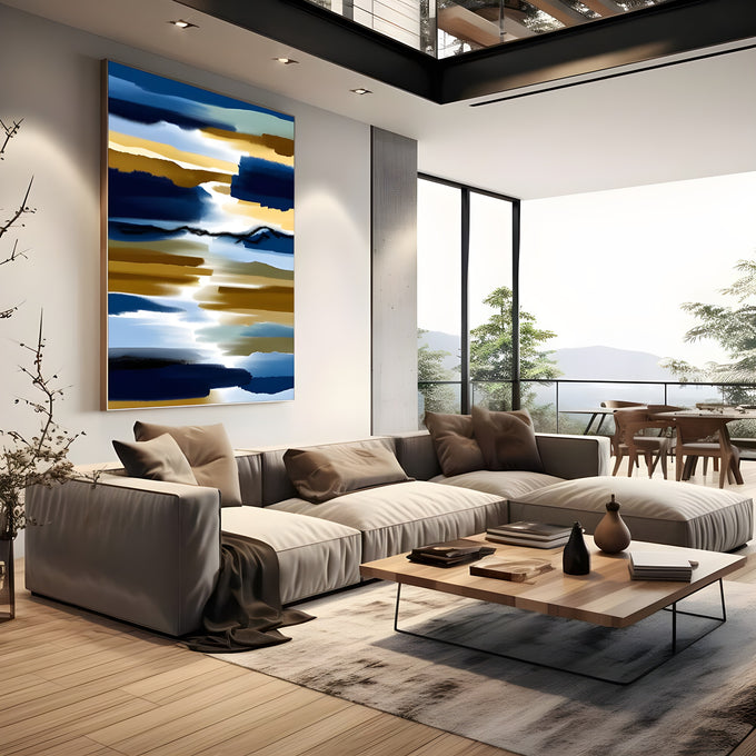 Pinceladas horizontais em azul marinho, azul claro, dourado e branco, estilo abstrato, quadro decorativo