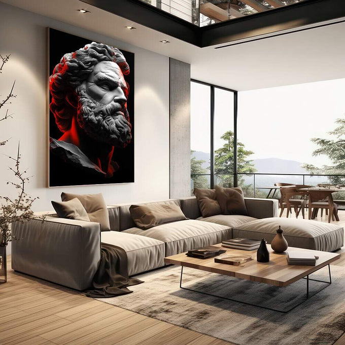 Quadro Decorativo Energia da Dualidade | quadros decorativos | Busto clássico em perfil com detalhes vermelhos em contraste preto e cinza | em Quadros para Escritorio | Porao dos Quadros