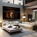 Quadro Decorativo Leão Dourado Poder e Fé | quadros decorativos | Leão majestoso com crina dourada e olhar intenso com frases inspiradoras em script branco | em Quadros para Escritorio | Porao dos Quadros