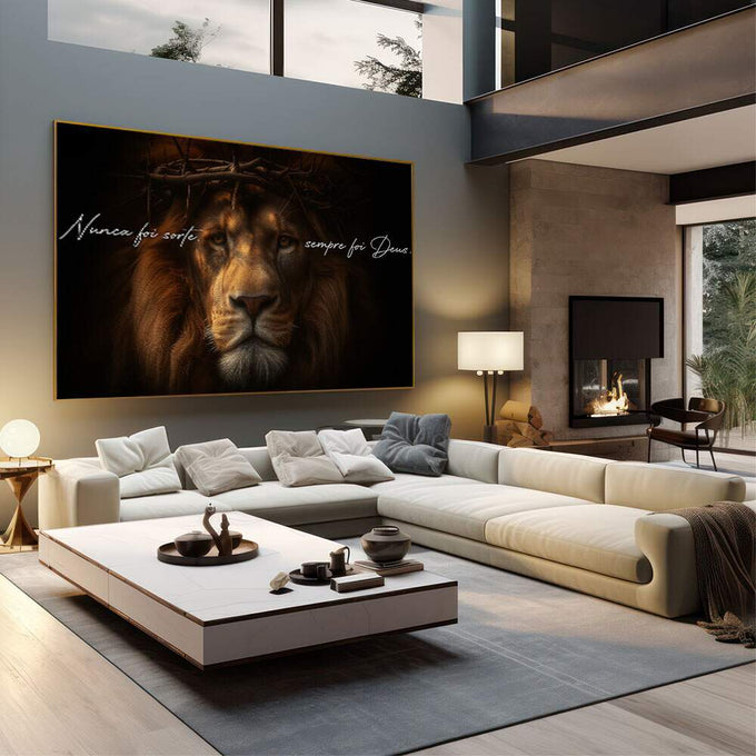 Quadro Decorativo Leão Dourado Poder e Fé | quadros decorativos | Leão majestoso com crina dourada e olhar intenso com frases inspiradoras em script branco | em Quadros para Escritorio | Porao dos Quadros