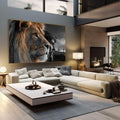 Quadro Decorativo Majestade: Leão e Jesus | quadros decorativos | Leão majestoso em perfil com crina volumosa em tons marrom e cinza, fundo espiritual com cruzes ao fundo | em Quadros para Escritorio | Porao dos Quadros