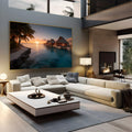 Praia tropical com bangalôs sobre o mar turquesa, palmeiras e pôr do sol dourado, quadro decorativo