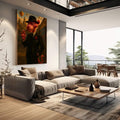 Quadro Decorativo Charme da Pantera Cor-de-Rosa | quadros decorativos | Figura vermelha em composição com tons ouro e preto em expressionismo abstrato vertical | em Quadros para Escritorio | Porao dos Quadros