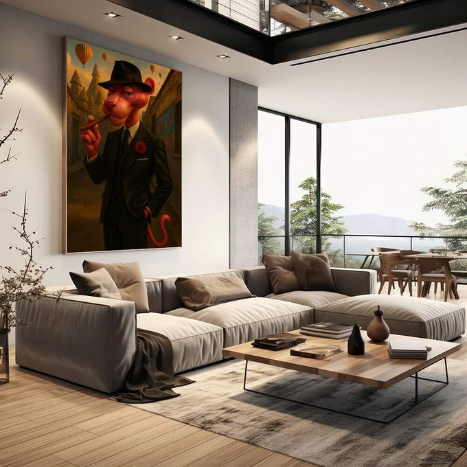 Quadro Decorativo Charme da Pantera Cor-de-Rosa | quadros decorativos | Figura vermelha em composição com tons ouro e preto em expressionismo abstrato vertical | em Quadros para Escritorio | Porao dos Quadros