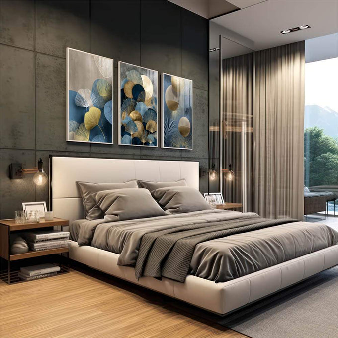 Quadro Decorativo Tríptico Elegante em Azul | quadros decorativos | Três telas com folhas douradas, esferas bege e tons azuis em composição sofisticada. | em Quadros para Escritorio | Porao dos Quadros