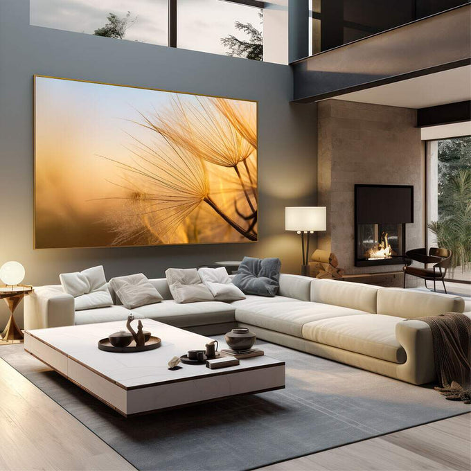 Quadro Decorativo Flores Serenas | quadros decorativos | Dente-de-leão dourado com luz natural ao entardecer, sementes em detalhe preciso | em Quadros para Escritorio | Porao dos Quadros
