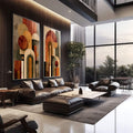 Quadro Decorativo Harmonia Acolhedora | quadros decorativos | Dois quadros com formas geométricas abstratas em laranja, bege e marrom com círculos e arcos. | em Quadros para Escritorio | Porao dos Quadros