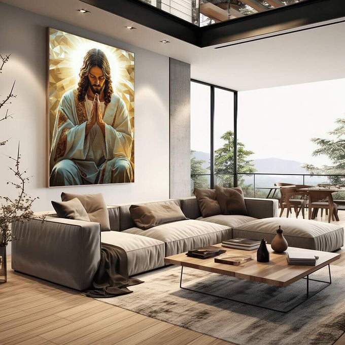 Quadro Decorativo Contemplação Dourada Espiritual | quadros decorativos | Jesus em oração com luz dourada e fundo geométrico em tons pastel | em Quadros para Escritorio | Porao dos Quadros