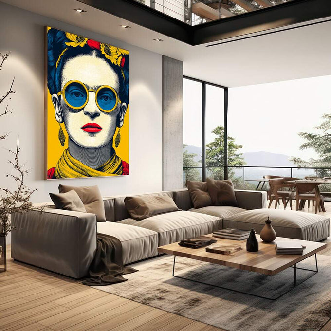 Quadro Decorativo - Frida Kahlo Energizante em Amarelo | quadros decorativos | Mulher em pop art com óculos redondos azuis, flores amarelas acima, paleta vibrante. | em Quadros para Escritorio | Porao dos Quadros