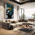 Harmonia Abstrata: Quadro Feminino Elegante | quadros decorativos | Rosto em preto e branco com padrões geométricos azuis e laranja em composição moderna. | em Quadros para Escritorio | Porao dos Quadros