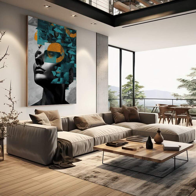 Harmonia Abstrata: Quadro Feminino Elegante | quadros decorativos | Rosto em preto e branco com padrões geométricos azuis e laranja em composição moderna. | em Quadros para Escritorio | Porao dos Quadros