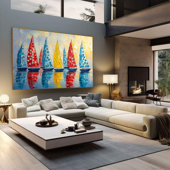 Quadro Decorativo Alto-Mar Vibrante e Livre | quadros decorativos | Sete veleiros coloridos com reflexos em água espelhada e luz vibrante | em Quadros para Escritorio | Porao dos Quadros