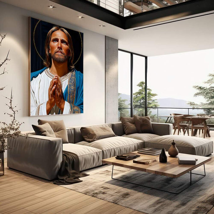 Quadro Decorativo Série de Oração: Religioso Serene | quadros decorativos | Figura em oração com auréola dourada sobre fundo negro, vestes azuis e brancas em composição realista. | em Quadros para Escritorio | Porao dos Quadros