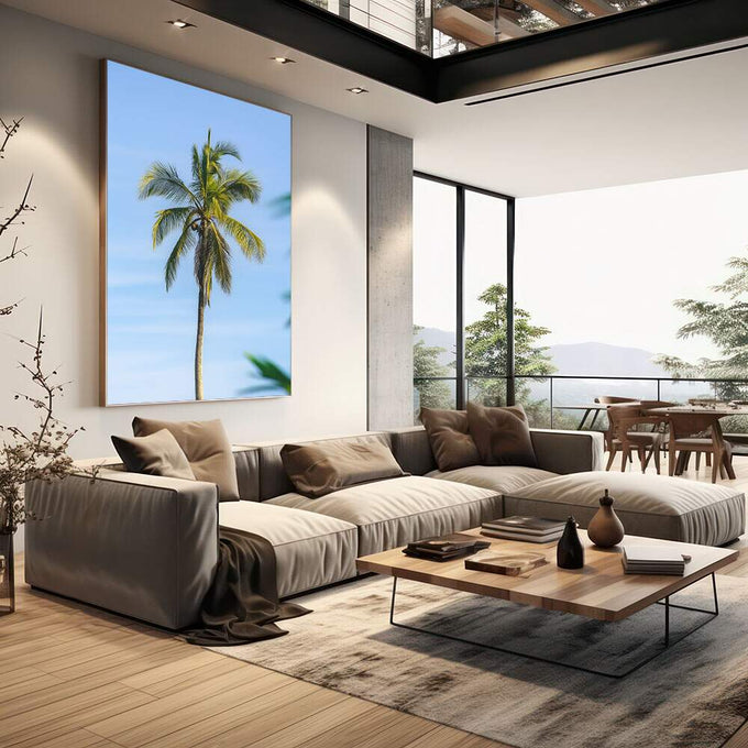 Quadro Decorativo Palma Serena | quadros decorativos | Palmeira tropical esbelta contra céu azul claro em composição fotográfica luminosa e refinada | em Quadros para Escritorio | Porao dos Quadros