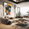 Quadro Decorativo Retratos da Força Feminina | quadros decorativos | Três perfis femininos em preto e branco com blocos de cores vibrantes em amarelo, azul e laranja | em Quadros para Escritorio | Porao dos Quadros