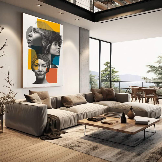 Quadro Decorativo Retratos da Força Feminina | quadros decorativos | Três perfis femininos em preto e branco com blocos de cores vibrantes em amarelo, azul e laranja | em Quadros para Escritorio | Porao dos Quadros
