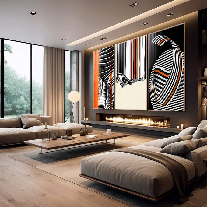 Quadro Decorativo Elegância Moderna: Listras Monocromáticas | quadros decorativos | Composição abstrata com linhas dinâmicas em preto, branco e laranja vibrante formando ondas. | em Quadros para Escritorio | Porao dos Quadros