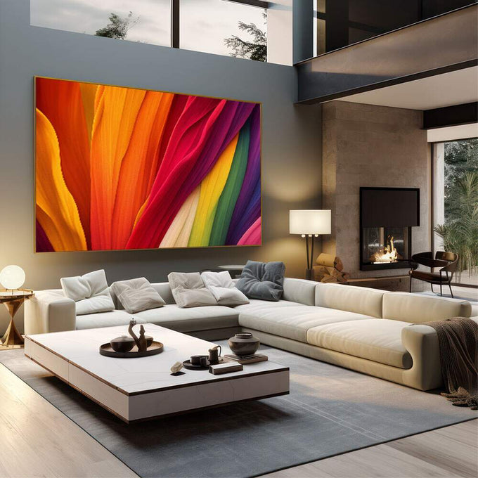 Quadro Decorativo Vibrante e Dinâmico | quadros decorativos | Quadro abstrato com linhas dinâmicas em laranja, vermelho, roxo, amarelo e verde vibrantes | em Quadros para Escritorio | Porao dos Quadros