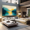 Quadro Decorativo Paisagem Moderna e Serena | quadros decorativos | Lago turquesa com montanhas azuis e amanhecer dourado refletido na água com pinceladas expressivas. | em Quadros para Escritorio | Porao dos Quadros