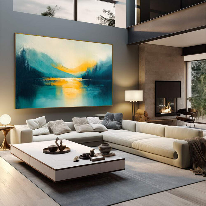 Quadro Decorativo Paisagem Moderna e Serena | quadros decorativos | Lago turquesa com montanhas azuis e amanhecer dourado refletido na água com pinceladas expressivas. | em Quadros para Escritorio | Porao dos Quadros