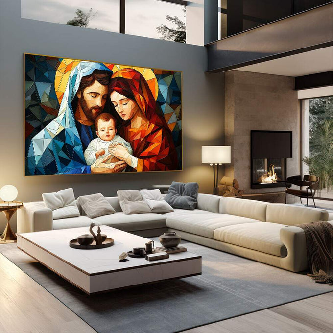 Quadro Decorativo Sagrada Família Moderna | quadros decorativos | Sagrada Família em composição geométrica abstrata com triângulos em tons de azul, laranja e dourado. | em Quadros para Escritorio | Porao dos Quadros