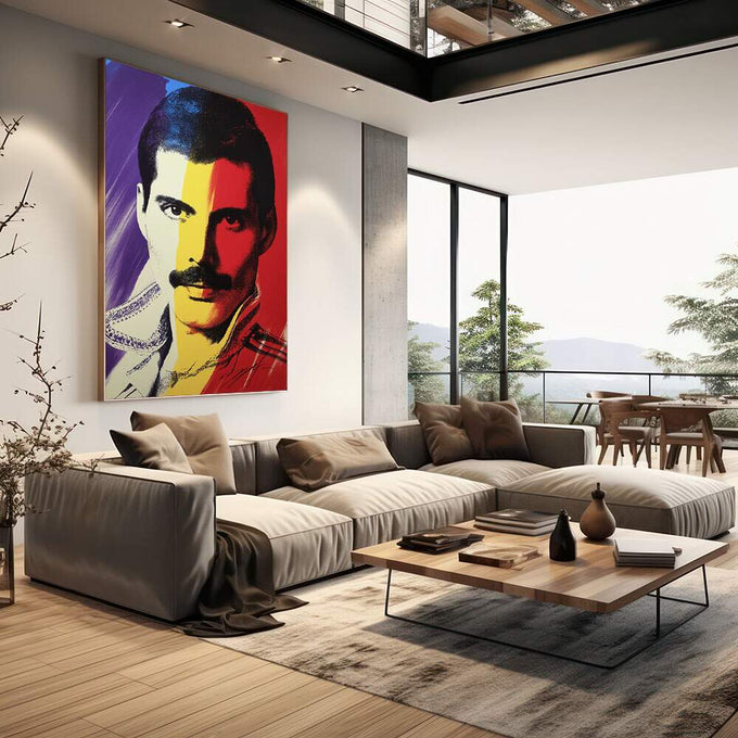 Quadro Decorativo - Retrato Musical Pop Arte | quadros decorativos | Retrato fragmentado em cores vibrantes com pop art vermelho, amarelo, roxo e branco em composição geométrica. | em Quadros para Escritorio | Porao dos Quadros