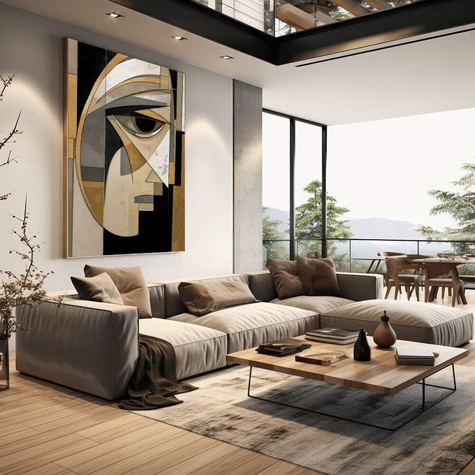 Quadro Decorativo Minimalista Olhar Enigmático | quadros decorativos | Rosto abstrato geométrico em preto, branco e dourado com olho em destaque. | em Quadros para Escritorio | Porao dos Quadros