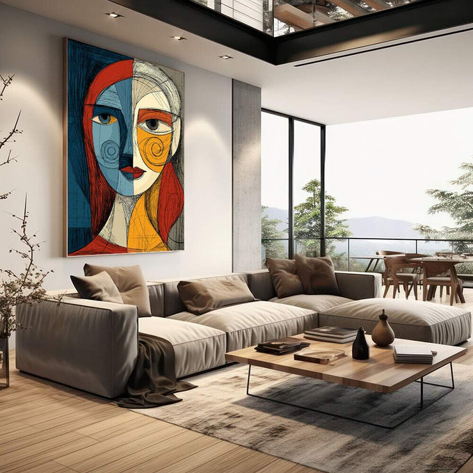 Quadro Decorativo Feminino Cubista | quadros decorativos | Rosto abstrato em tons de azul, vermelho e amarelo com máscara geométrica sobreposta | em Quadros para Escritorio | Porao dos Quadros